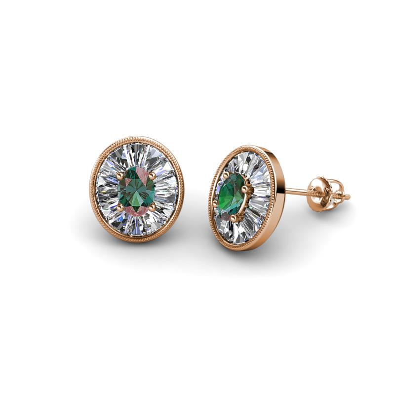 Dahlia Iris Oval Cut Created Alexandrite and Baguette Diamond Milgrain Halo Stud Earrings 