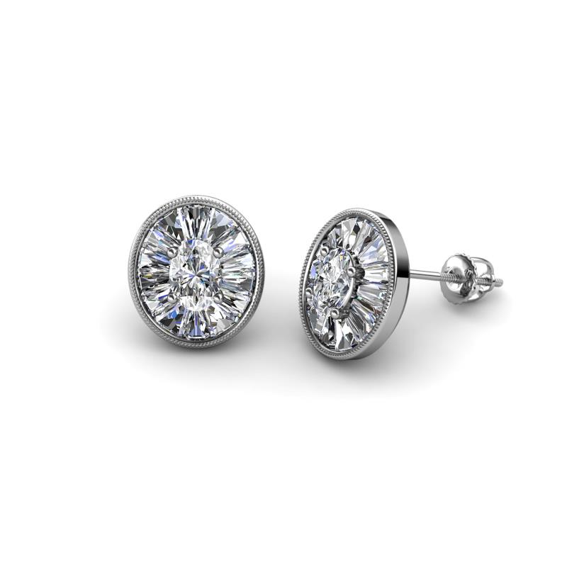 Dahlia Iris Oval Cut and Baguette Diamond Milgrain Halo Stud Earrings 