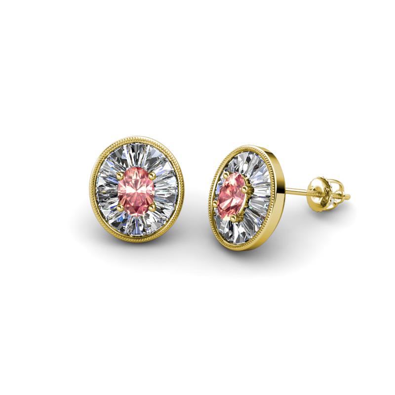 Dahlia Iris Oval Cut Morganite and Baguette Diamond Milgrain Halo Stud Earrings 