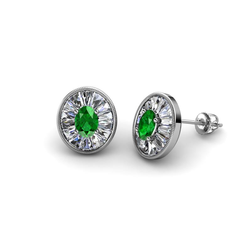 Dahlia Iris Oval Cut Green Garnet and Baguette Diamond Milgrain Halo Stud Earrings 