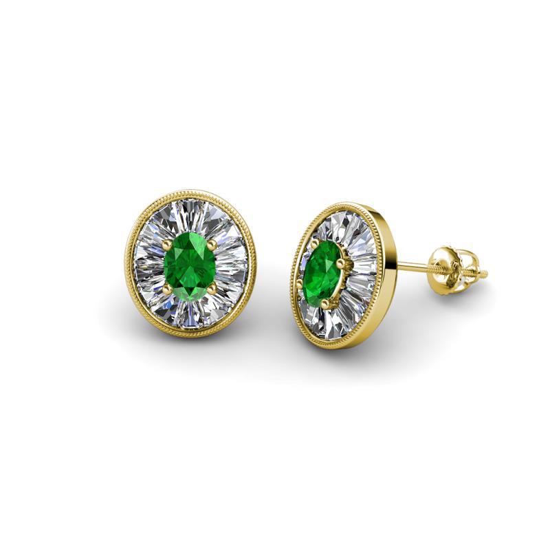 Dahlia Iris Oval Cut Green Garnet and Baguette Diamond Milgrain Halo Stud Earrings 