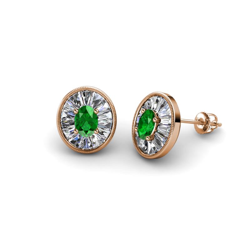 Dahlia Iris Oval Cut Green Garnet and Baguette Diamond Milgrain Halo Stud Earrings 