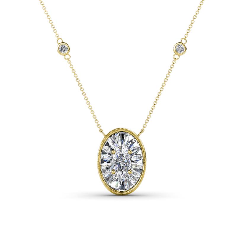 Dahlia Iris 0.69 ctw Oval Cut and Baguette Diamond Milgrain Halo Pendant Necklace with Diamond Stations 
