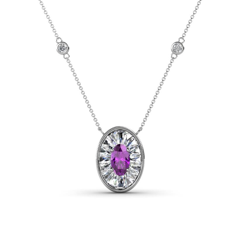 Dahlia Iris 0.69 ctw Oval Cut Amethyst and Baguette Diamond Milgrain Halo Pendant Necklace with Diamond Stations 