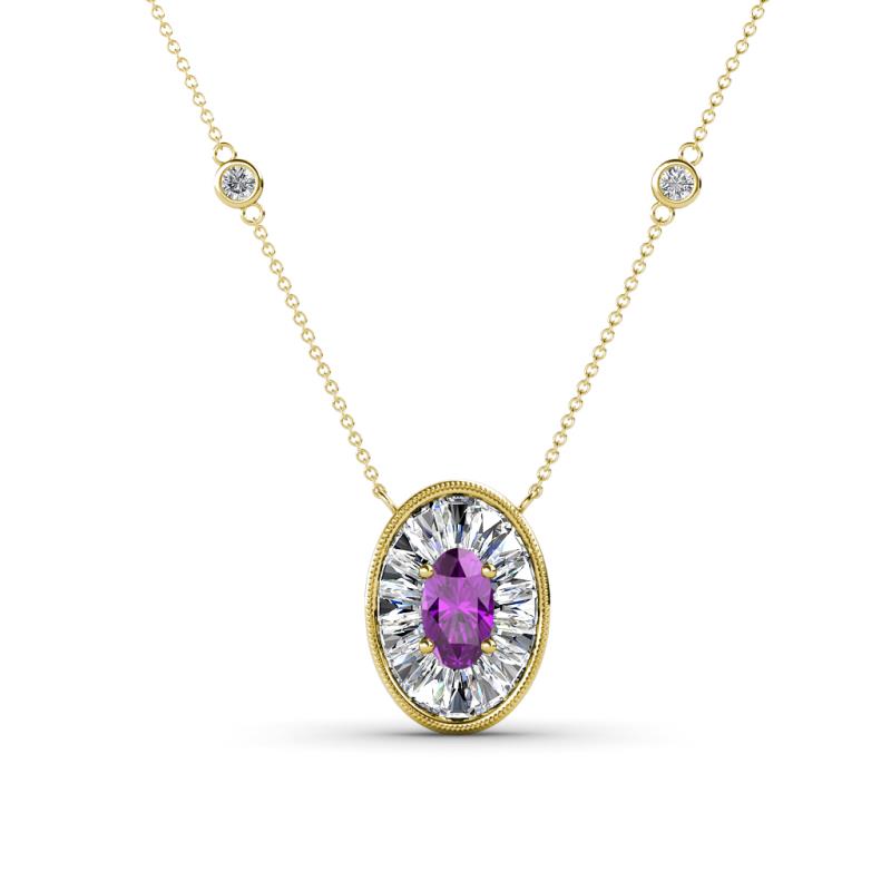 Dahlia Iris 0.69 ctw Oval Cut Amethyst and Baguette Diamond Milgrain Halo Pendant Necklace with Diamond Stations 