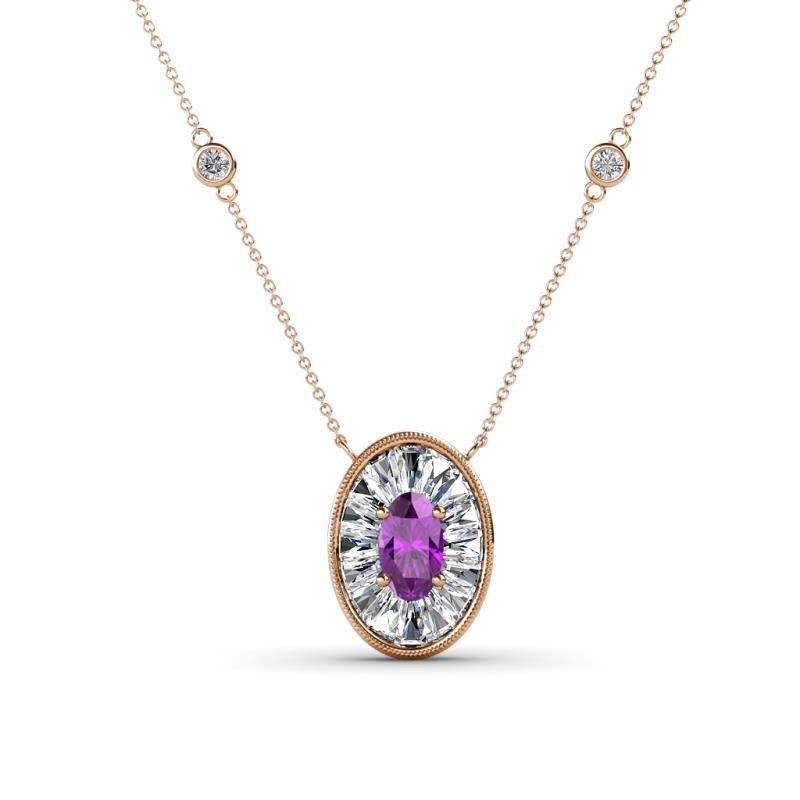 Dahlia Iris 0.69 ctw Oval Cut Amethyst and Baguette Diamond Milgrain Halo Pendant Necklace with Diamond Stations 