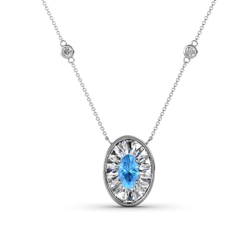 Dahlia Iris 0.69 ctw Oval Cut Blue Topaz and Baguette Diamond Milgrain Halo Pendant Necklace with Diamond Stations 