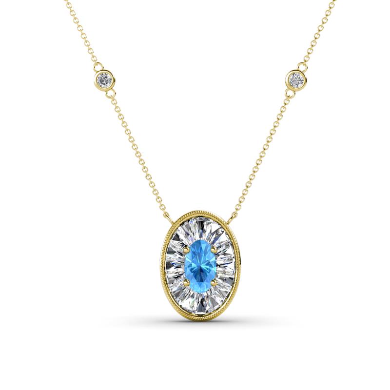 Dahlia Iris 0.69 ctw Oval Cut Blue Topaz and Baguette Diamond Milgrain Halo Pendant Necklace with Diamond Stations 