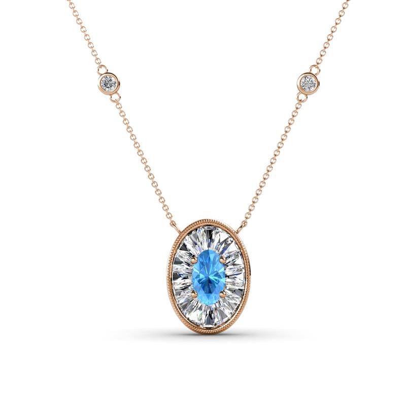 Dahlia Iris 0.69 ctw Oval Cut Blue Topaz and Baguette Diamond Milgrain Halo Pendant Necklace with Diamond Stations 