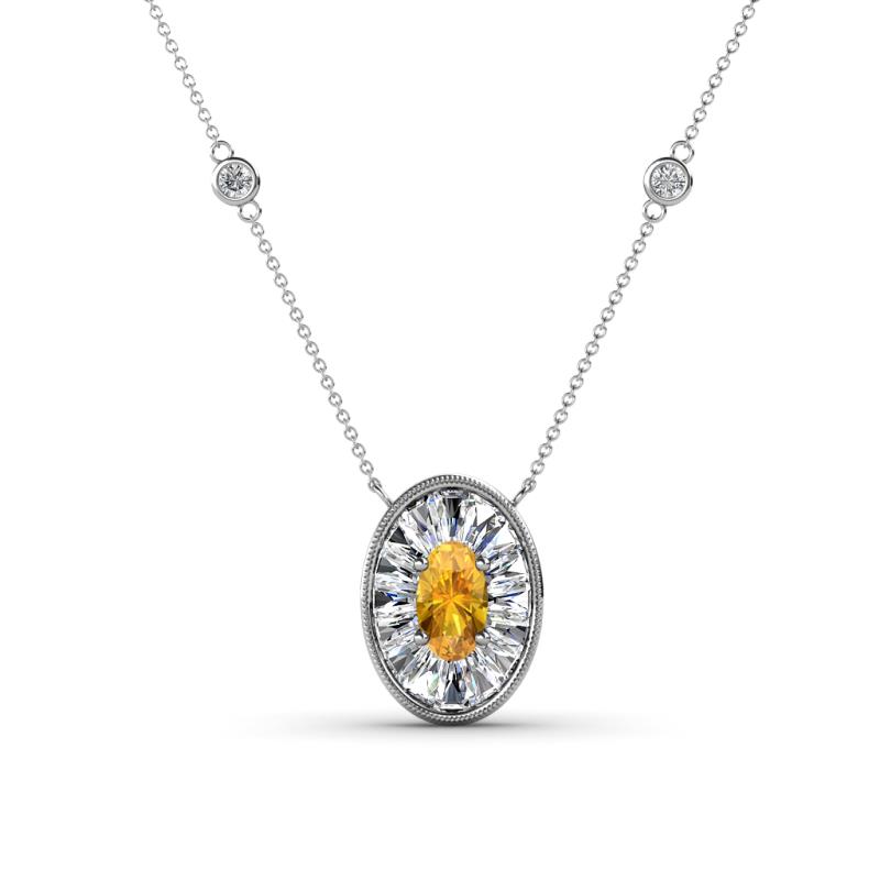Dahlia Iris 0.77 ctw Oval Cut Citrine and Baguette Diamond Milgrain Halo Pendant Necklace with Diamond Stations 
