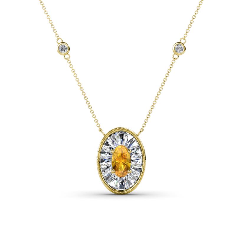 Dahlia Iris 0.77 ctw Oval Cut Citrine and Baguette Diamond Milgrain Halo Pendant Necklace with Diamond Stations 