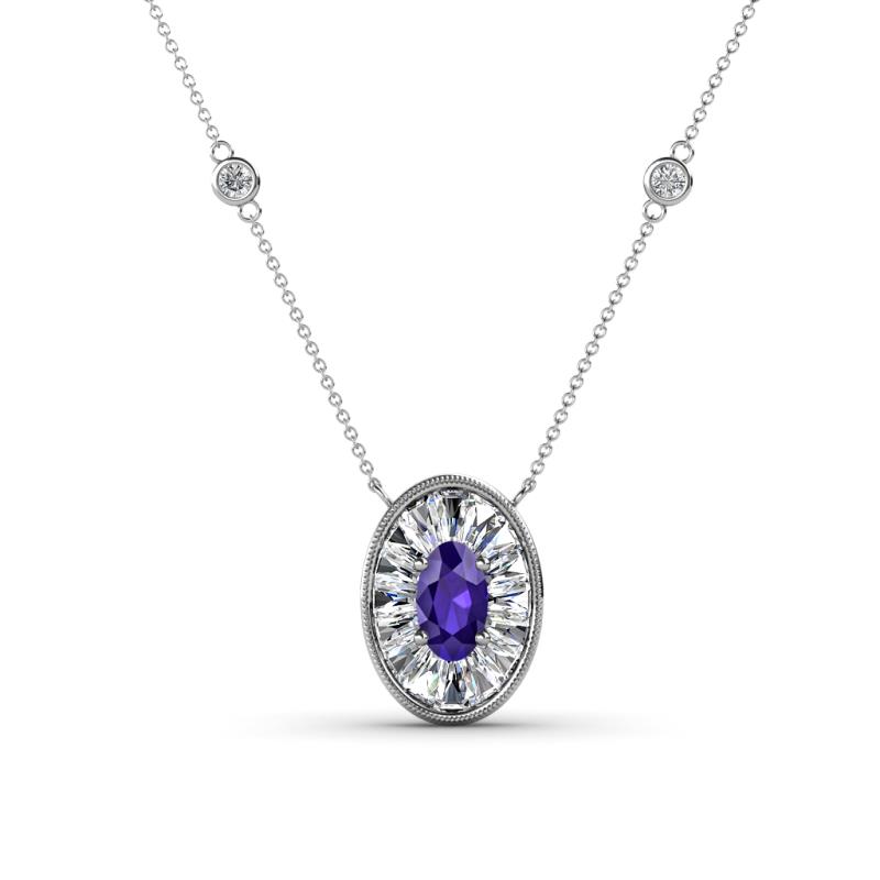 Dahlia Iris 0.73 ctw Oval Cut Iolite and Baguette Diamond Milgrain Halo Pendant Necklace with Diamond Stations 