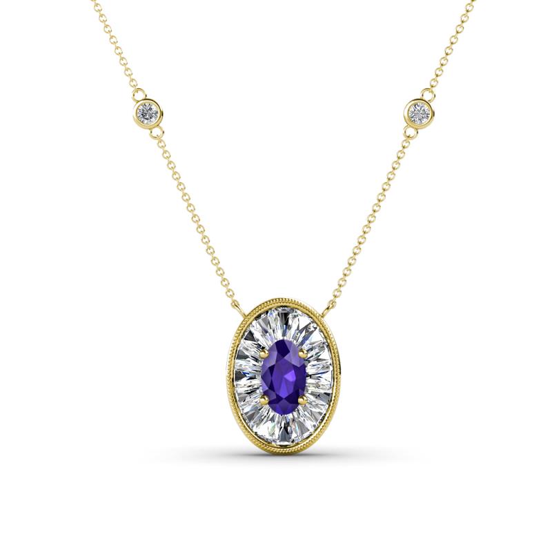Dahlia Iris 0.73 ctw Oval Cut Iolite and Baguette Diamond Milgrain Halo Pendant Necklace with Diamond Stations 
