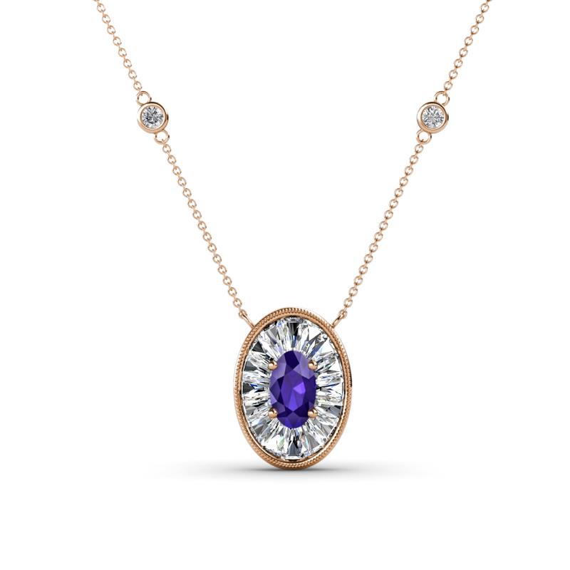 Dahlia Iris 0.73 ctw Oval Cut Iolite and Baguette Diamond Milgrain Halo Pendant Necklace with Diamond Stations 