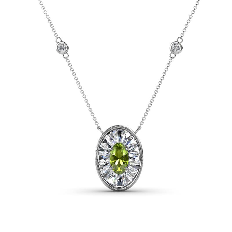 Dahlia Iris 0.73 ctw Oval Cut Peridot and Baguette Diamond Milgrain Halo Pendant Necklace with Diamond Stations 