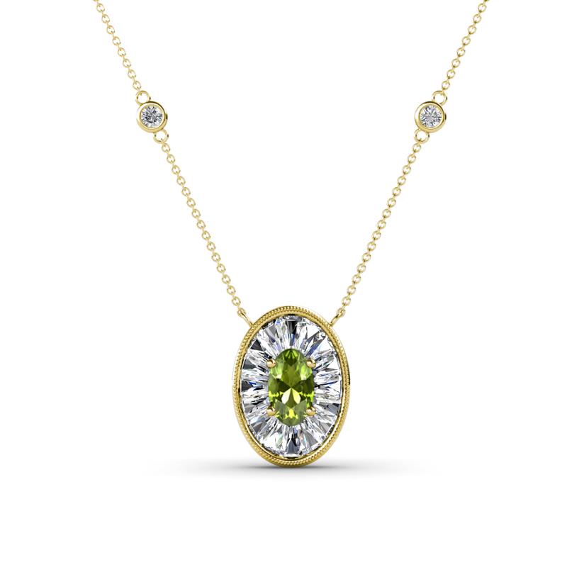 Dahlia Iris 0.73 ctw Oval Cut Peridot and Baguette Diamond Milgrain Halo Pendant Necklace with Diamond Stations 