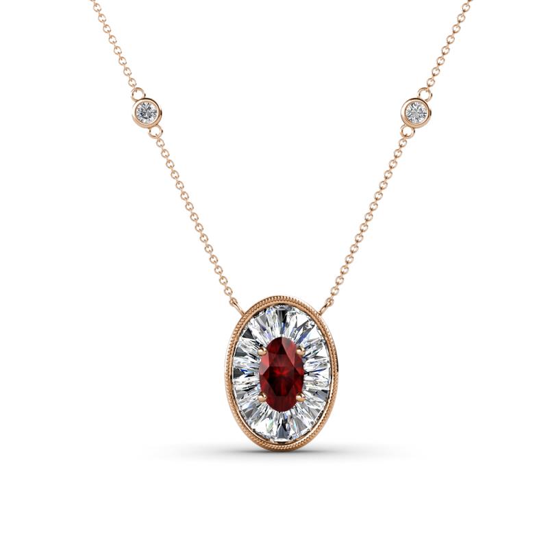 Dahlia Iris 0.76 ctw Oval Cut Red Garnet and Baguette Diamond Milgrain Halo Pendant Necklace with Diamond Stations 