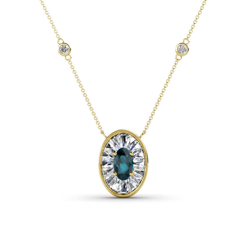 Dahlia Iris 0.73 ctw Oval Cut London Blue Topaz and Baguette Diamond Milgrain Halo Pendant Necklace with Diamond Stations 