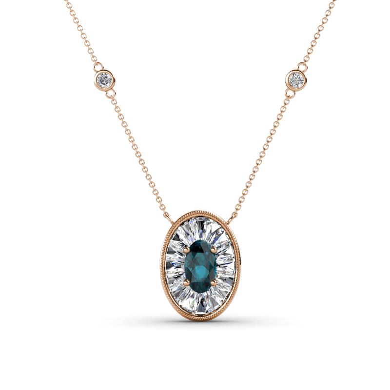 Dahlia Iris 0.73 ctw Oval Cut London Blue Topaz and Baguette Diamond Milgrain Halo Pendant Necklace with Diamond Stations 