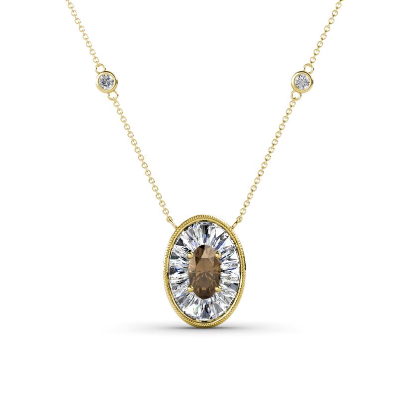 Dahlia Iris 0.68 Oval Cut Smoky Quartz and Baguette Diamond Milgrain Halo Pendant Necklace with Diamond Stations 