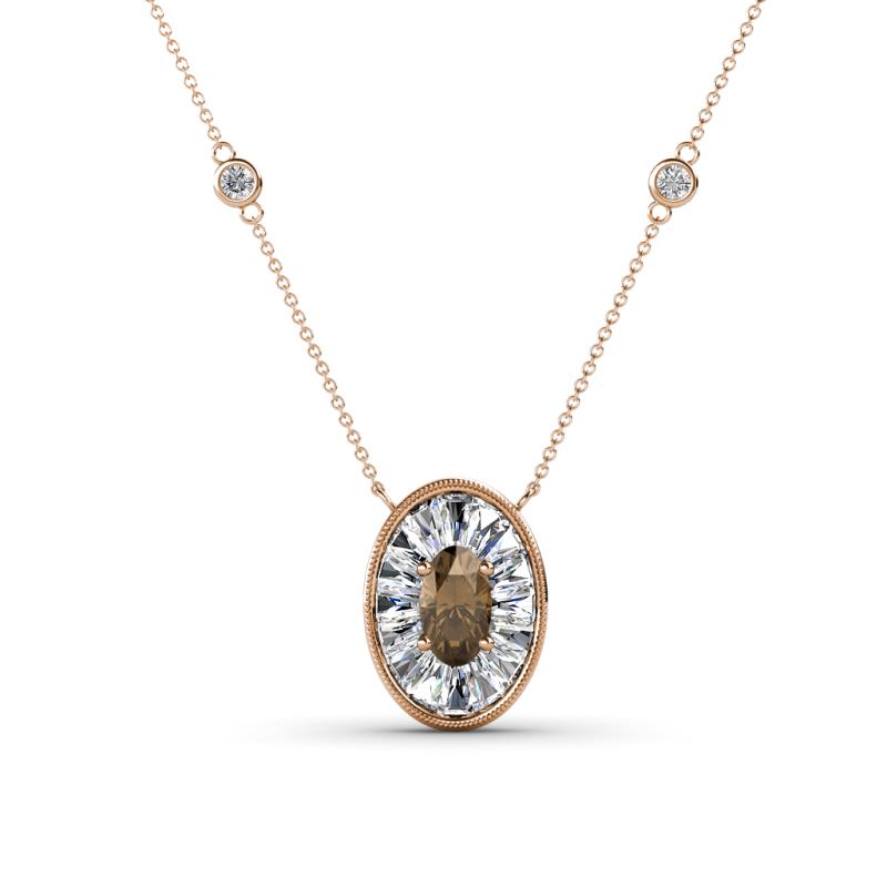 Dahlia Iris 0.68 Oval Cut Smoky Quartz and Baguette Diamond Milgrain Halo Pendant Necklace with Diamond Stations 