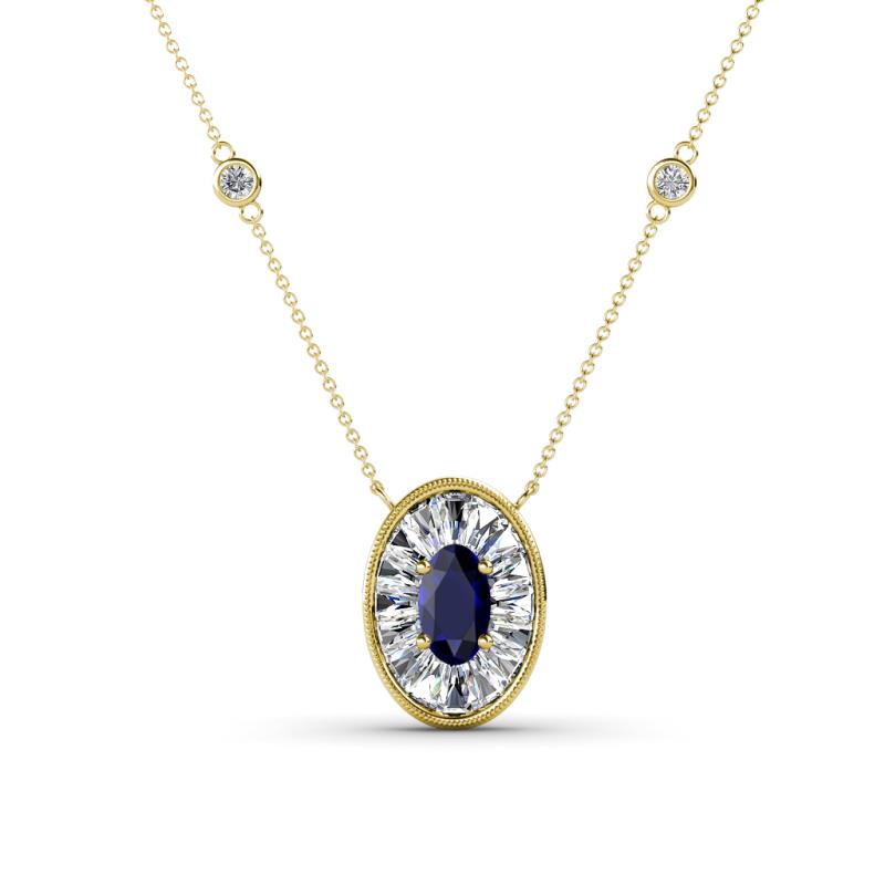 Dahlia Iris 0.73 ctw Oval Cut Blue Sapphire and Baguette Diamond Milgrain Halo Pendant Necklace with Diamond Stations 