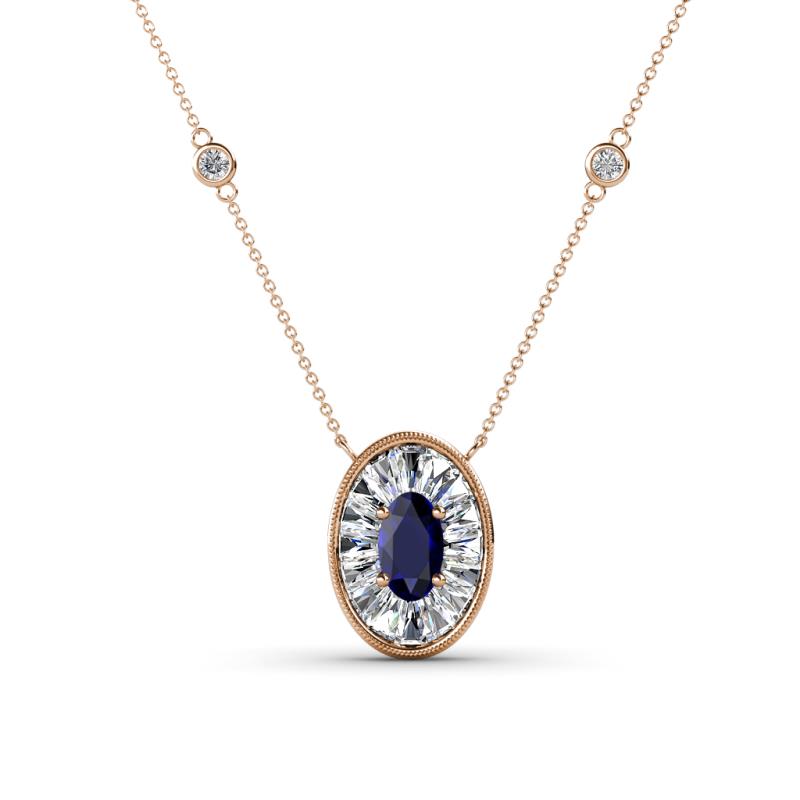 Dahlia Iris 0.73 ctw Oval Cut Blue Sapphire and Baguette Diamond Milgrain Halo Pendant Necklace with Diamond Stations 