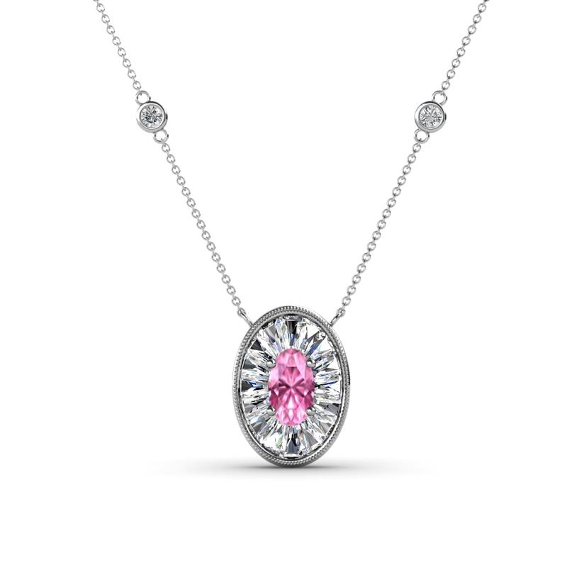 Dahlia Iris 0.71 ctw Oval Cut Pink Sapphire and Baguette Diamond Milgrain Halo Pendant Necklace with Diamond Stations 