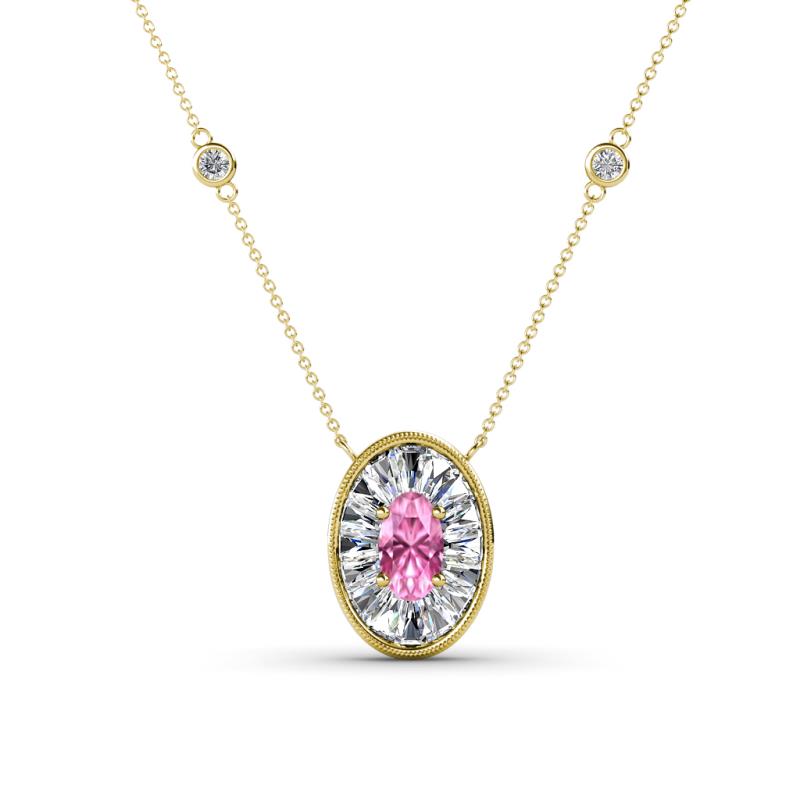 Dahlia Iris 0.71 ctw Oval Cut Pink Sapphire and Baguette Diamond Milgrain Halo Pendant Necklace with Diamond Stations 