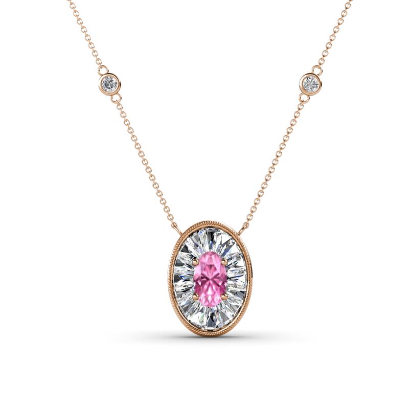 Dahlia Iris 0.71 ctw Oval Cut Pink Sapphire and Baguette Diamond Milgrain Halo Pendant Necklace with Diamond Stations 