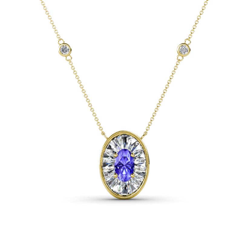Dahlia Iris 0.73 ctw Oval Cut Tanzanite and Baguette Diamond Milgrain Halo Pendant Necklace with Diamond Stations 