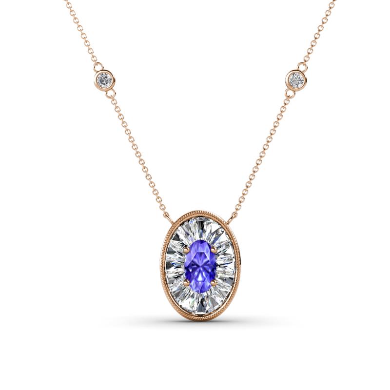 Dahlia Iris 0.73 ctw Oval Cut Tanzanite and Baguette Diamond Milgrain Halo Pendant Necklace with Diamond Stations 
