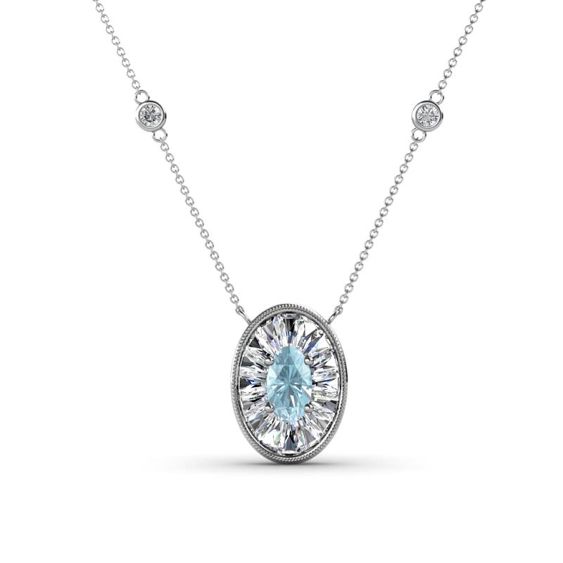 Dahlia Iris 0.76 ctw Oval Cut Aquamarine and Baguette Diamond Milgrain Halo Pendant Necklace with Diamond Stations 