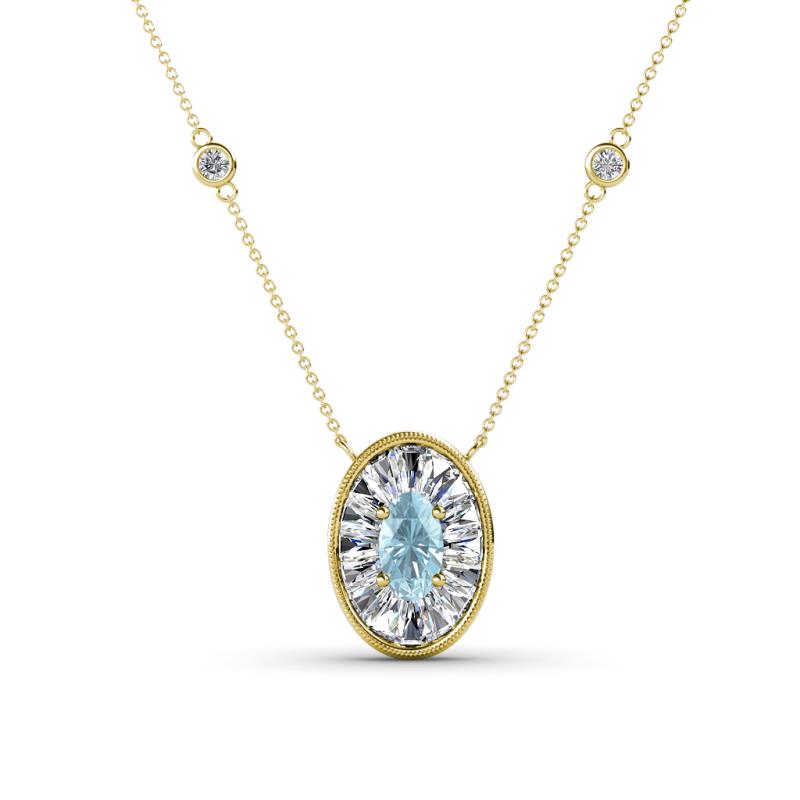 Dahlia Iris 0.76 ctw Oval Cut Aquamarine and Baguette Diamond Milgrain Halo Pendant Necklace with Diamond Stations 