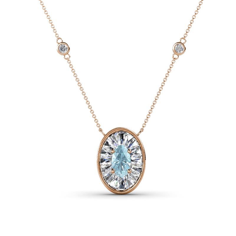 Dahlia Iris 0.76 ctw Oval Cut Aquamarine and Baguette Diamond Milgrain Halo Pendant Necklace with Diamond Stations 