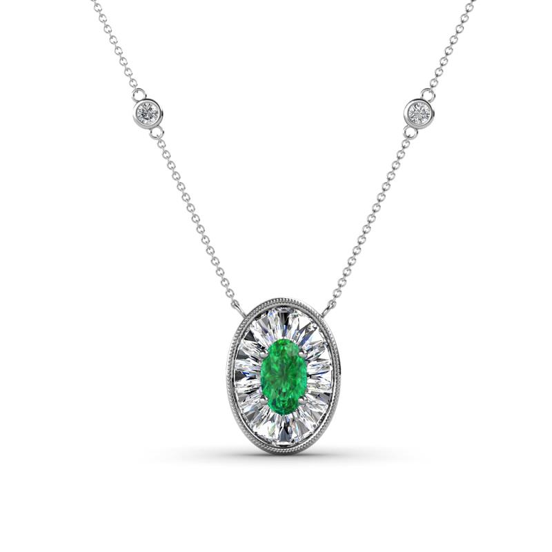 Dahlia Iris 0.69 ctw Oval Cut Emerald and Baguette Diamond Milgrain Halo Pendant Necklace with Diamond Stations 