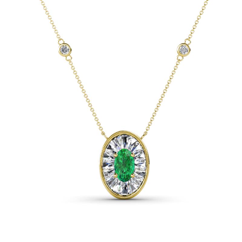Dahlia Iris 0.69 ctw Oval Cut Emerald and Baguette Diamond Milgrain Halo Pendant Necklace with Diamond Stations 