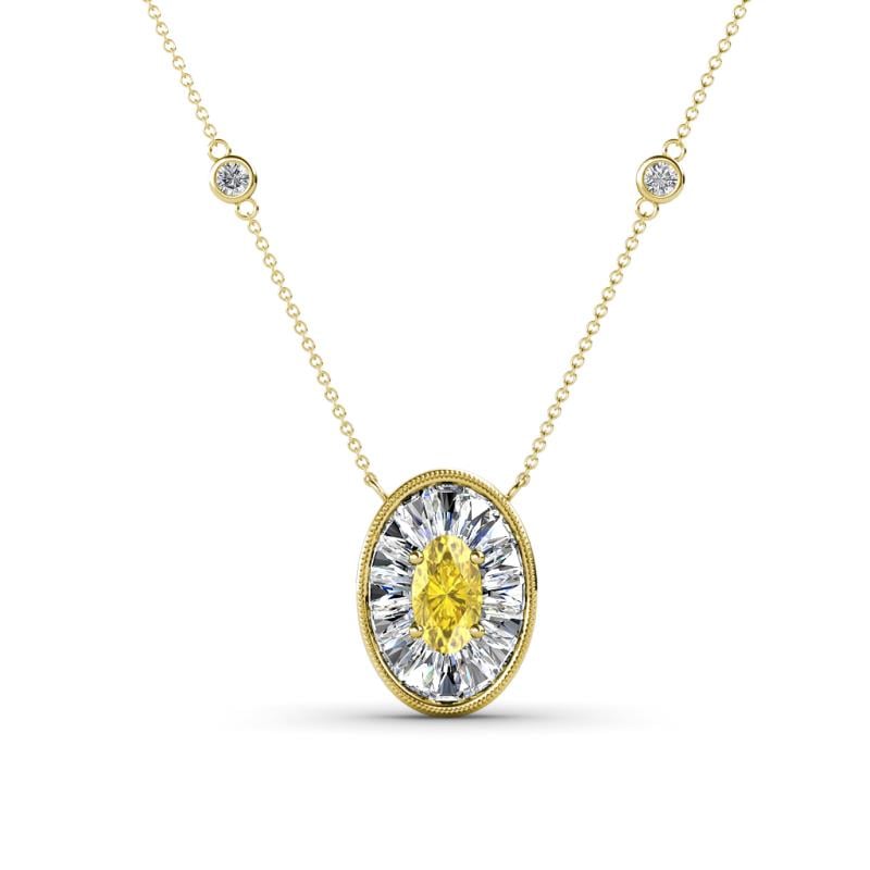 Dahlia Iris 0.68 Oval Cut Yellow Sapphire and Baguette Diamond Milgrain Halo Pendant Necklace with Diamond Stations 