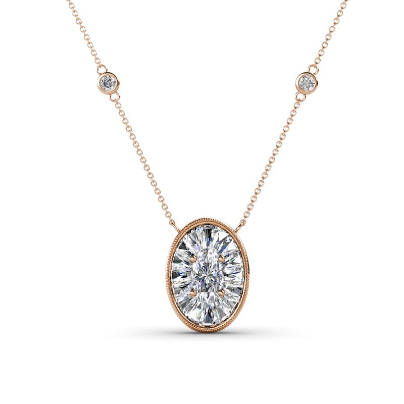 Dahlia Iris 0.66 ctw Oval Cut Lab Grown Diamond and Baguette Diamond Milgrain Halo Pendant Necklace with Diamond Stations 