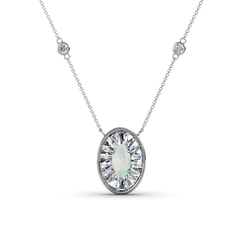 Dahlia Iris 0.69 ctw Oval Cut Opal and Baguette Diamond Milgrain Halo Pendant Necklace with Diamond Stations 