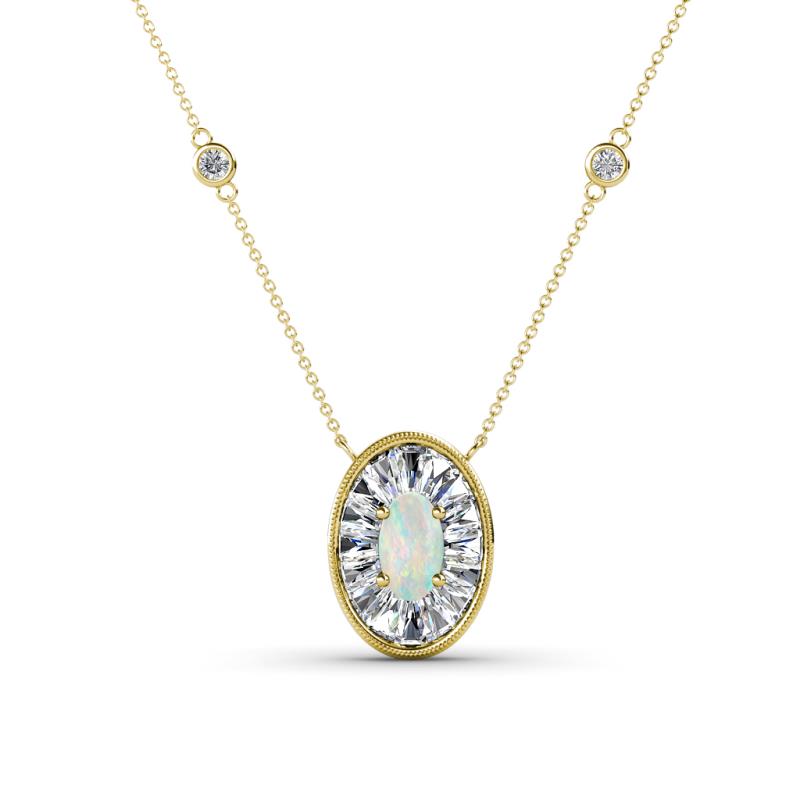 Dahlia Iris 0.69 ctw Oval Cut Opal and Baguette Diamond Milgrain Halo Pendant Necklace with Diamond Stations 