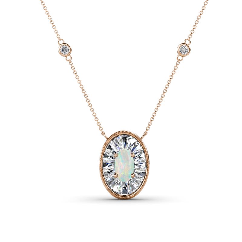 Dahlia Iris 0.69 ctw Oval Cut Opal and Baguette Diamond Milgrain Halo Pendant Necklace with Diamond Stations 