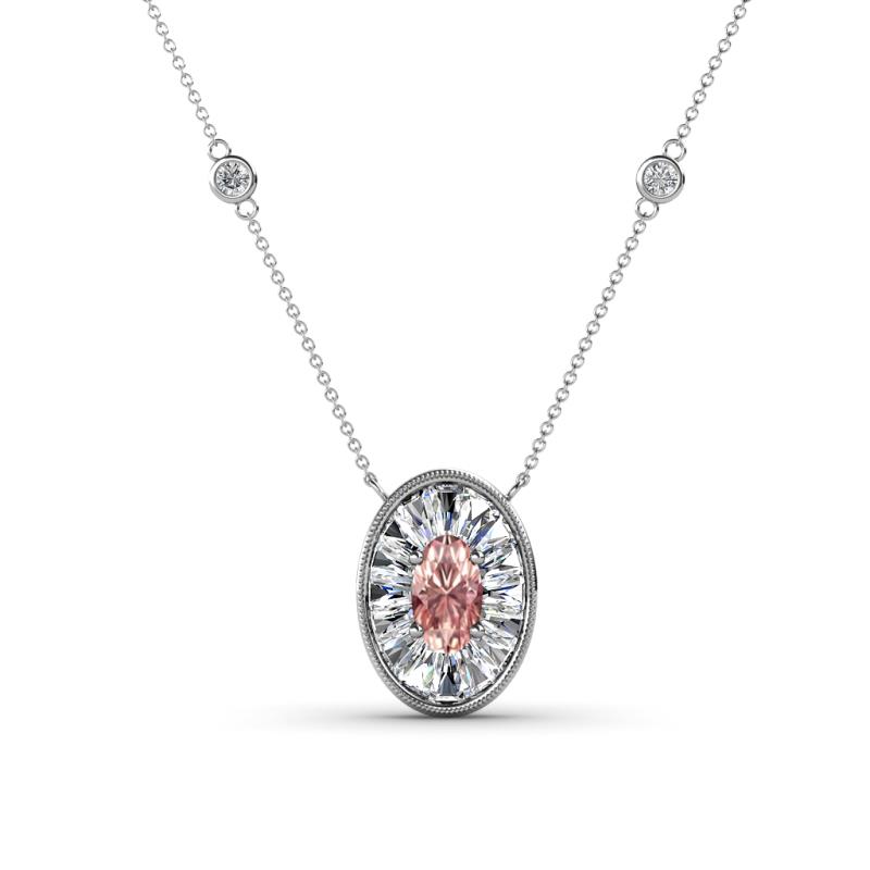 Dahlia Iris 0.59 ctw Oval Cut Morganite and Baguette Diamond Milgrain Halo Pendant Necklace with Diamond Stations 