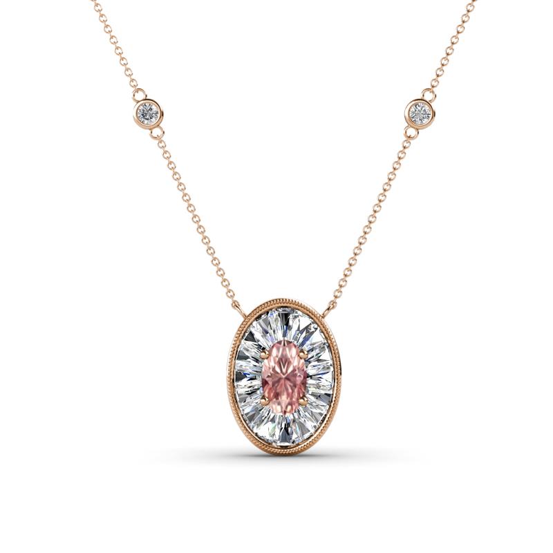 Dahlia Iris 0.59 ctw Oval Cut Morganite and Baguette Diamond Milgrain Halo Pendant Necklace with Diamond Stations 