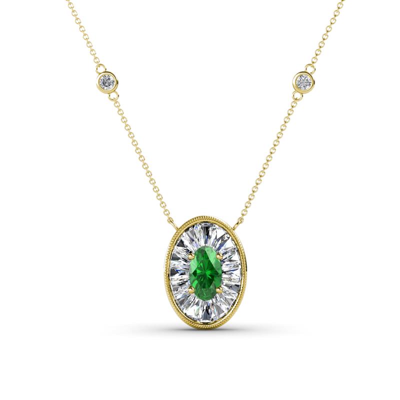 Dahlia Iris 0.69 ctw Oval Cut Green Garnet and Baguette Diamond Milgrain Halo Pendant Necklace with Diamond Stations 