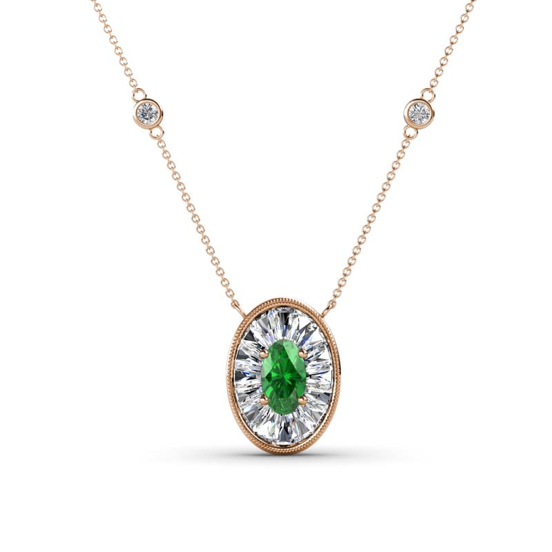 Dahlia Iris 0.69 ctw Oval Cut Green Garnet and Baguette Diamond Milgrain Halo Pendant Necklace with Diamond Stations 