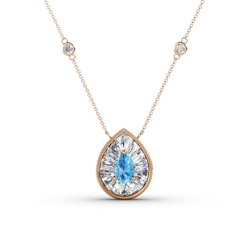 Viola Iris 0.59 ctw Pear Cut Blue Topaz and Baguette Diamond Milgrain Halo Pendant Necklace with Diamond Stations 