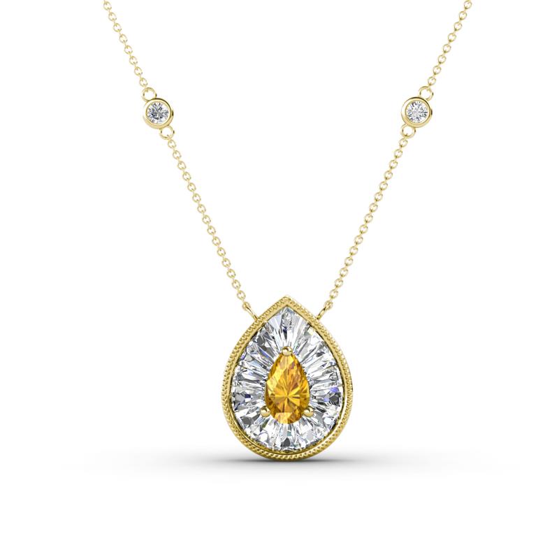 Viola Iris 0.56 ctw Pear Cut Citrine and Baguette Diamond Milgrain Halo Pendant Necklace with Diamond Stations 