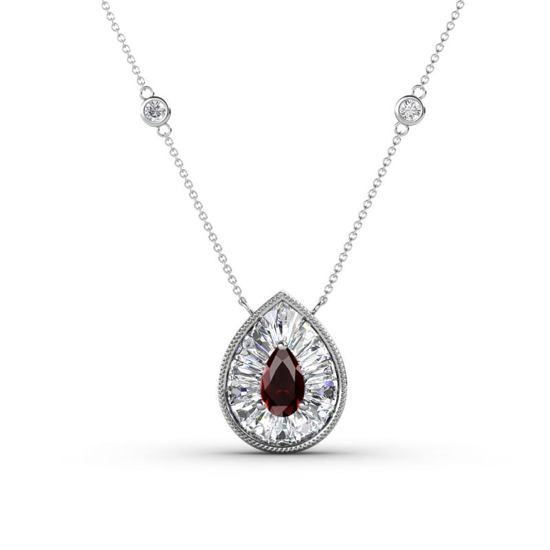 Viola Iris 0.64 ctw Pear Cut Red Garnet and Baguette Diamond Milgrain Halo Pendant Necklace with Diamond Stations 