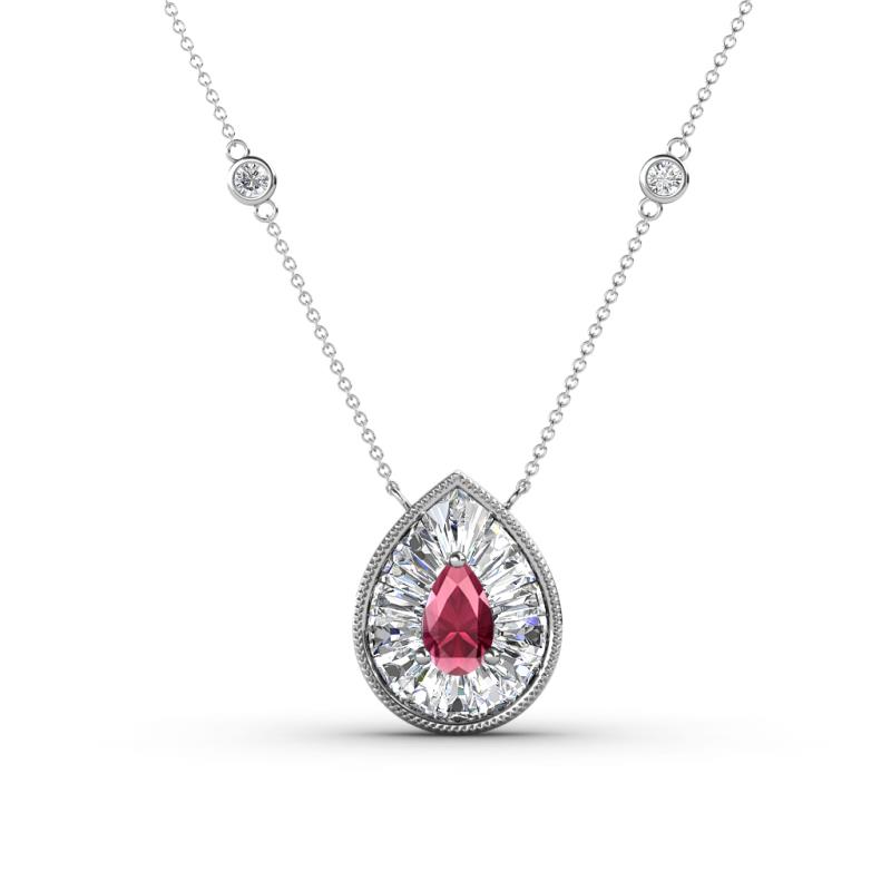 Viola Iris 0.59 ctw Pear Cut Rhodolite Garnet and Baguette Diamond Milgrain Halo Pendant Necklace with Diamond Stations 